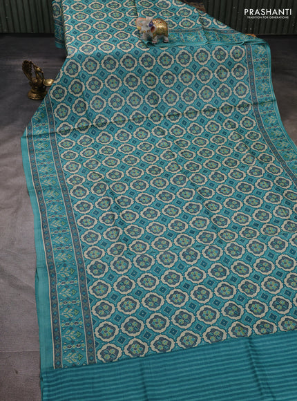 Pure tussar silk saree teal blue and grey with allover ikat prints and printed border
