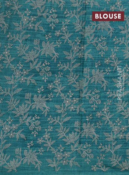 Pure tussar silk saree teal blue and grey with allover ikat prints and printed border