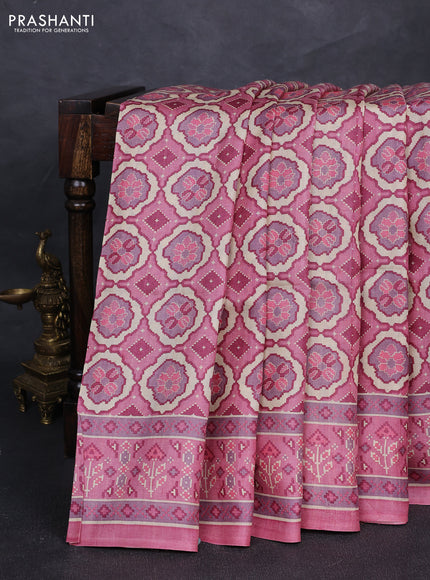 Pure tussar silk saree mild peach pink with allover ikat prints and printed border