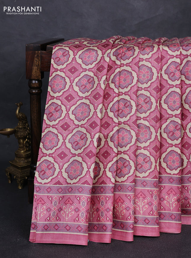 Pure tussar silk saree mild peach pink with allover ikat prints and printed border