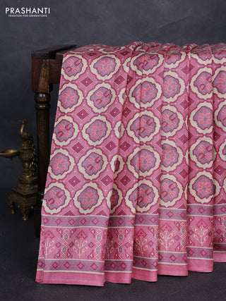 Pure tussar silk saree mild peach pink with allover ikat prints and printed border