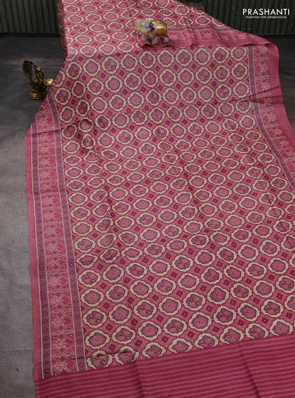 Pure tussar silk saree mild peach pink with allover ikat prints and printed border