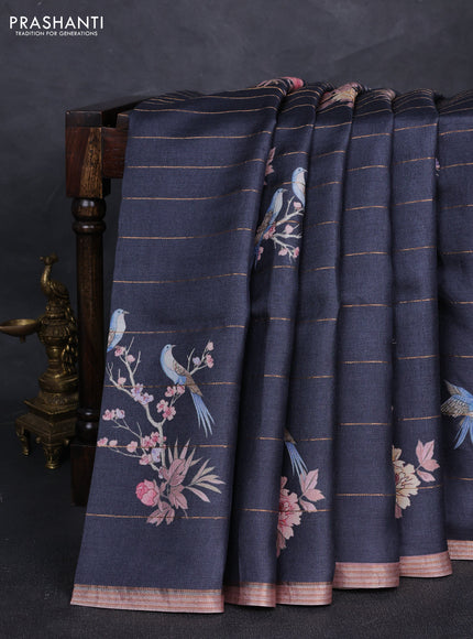 Pure tussar silk saree black and pastel pink with allover prints & zari stripe pattern and zari woven border