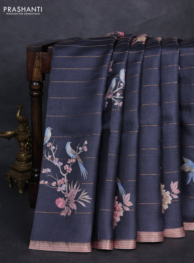Pure tussar silk saree black and pastel pink with allover prints & zari stripe pattern and zari woven border
