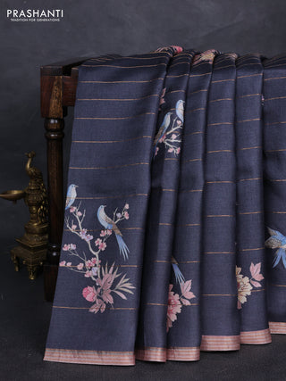 Pure tussar silk saree black and pastel pink with allover prints & zari stripe pattern and zari woven border