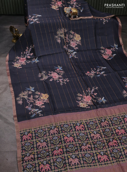 Pure tussar silk saree black and pastel pink with allover prints & zari stripe pattern and zari woven border