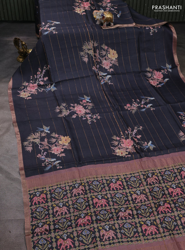 Pure tussar silk saree black and pastel pink with allover prints & zari stripe pattern and zari woven border