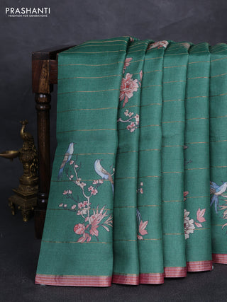 Pure tussar silk saree green and pink with allover prints & zari stripe pattern and zari woven border