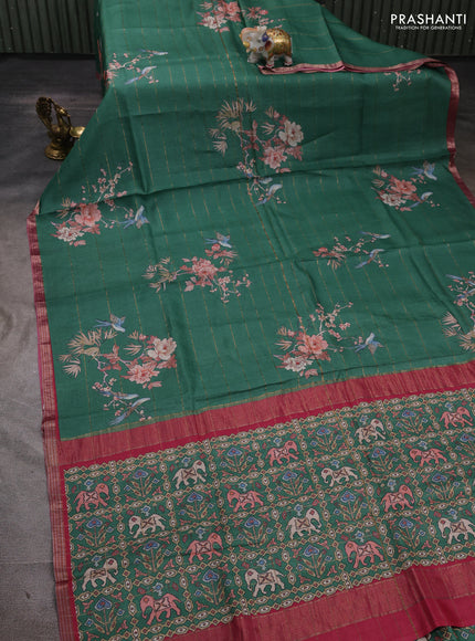 Pure tussar silk saree green and pink with allover prints & zari stripe pattern and zari woven border