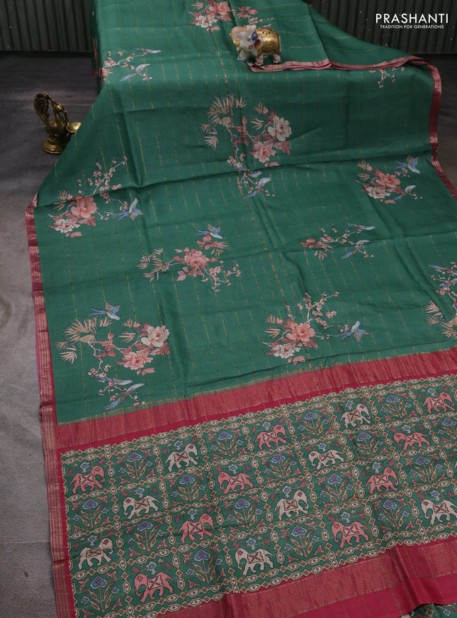 Pure tussar silk saree green and pink with allover prints & zari stripe pattern and zari woven border