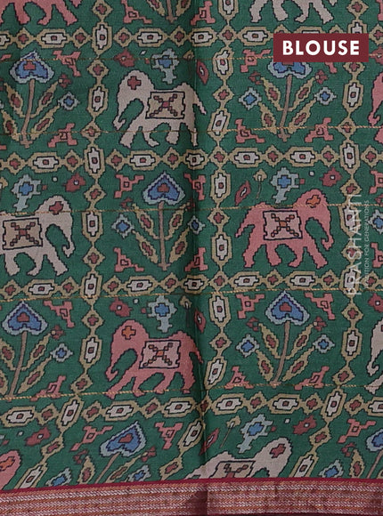 Pure tussar silk saree green and pink with allover prints & zari stripe pattern and zari woven border
