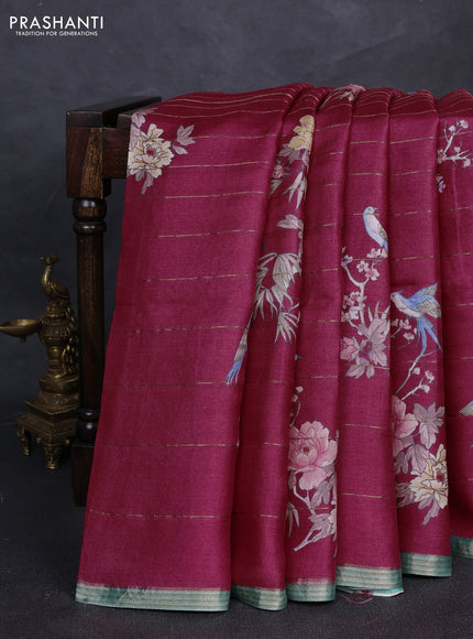 Pure tussar silk saree pink and teal green with allover prints & zari stripe pattern and zari woven border