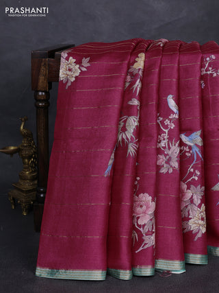 Pure tussar silk saree pink and teal green with allover prints & zari stripe pattern and zari woven border