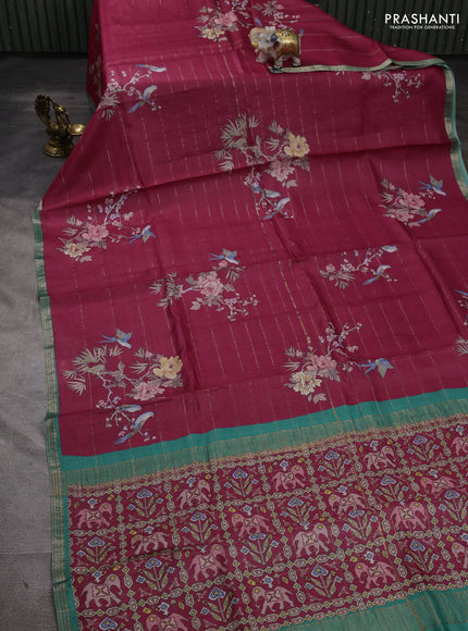 Pure tussar silk saree pink and teal green with allover prints & zari stripe pattern and zari woven border