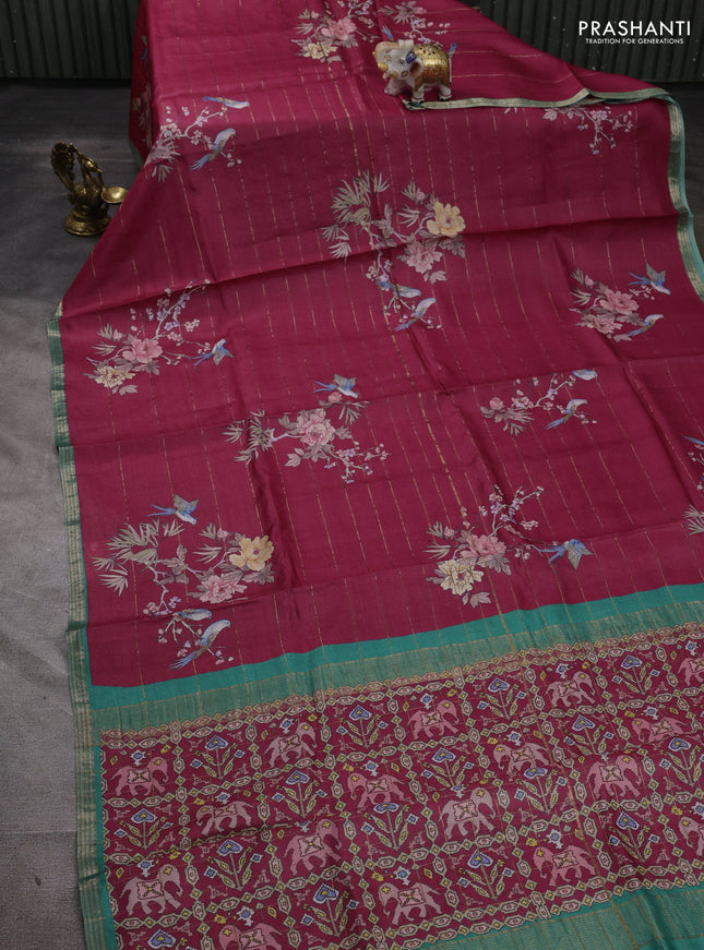 Pure tussar silk saree pink and teal green with allover prints & zari stripe pattern and zari woven border