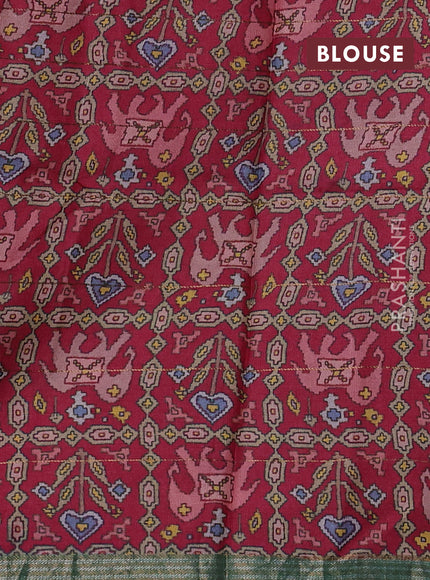 Pure tussar silk saree pink and teal green with allover prints & zari stripe pattern and zari woven border