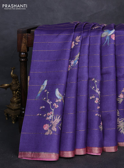 Pure tussar silk saree violet and pink with allover prints & zari stripe pattern and zari woven border