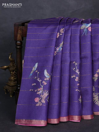 Pure tussar silk saree violet and pink with allover prints & zari stripe pattern and zari woven border