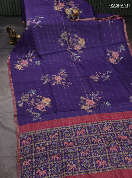 Pure tussar silk saree violet and pink with allover prints & zari stripe pattern and zari woven border