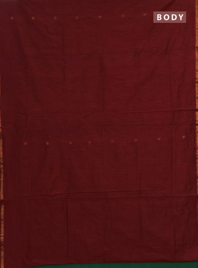 Semi maheswai cotton saree maroon and dark green with allover zari woven buttas and small copper zari woven border
