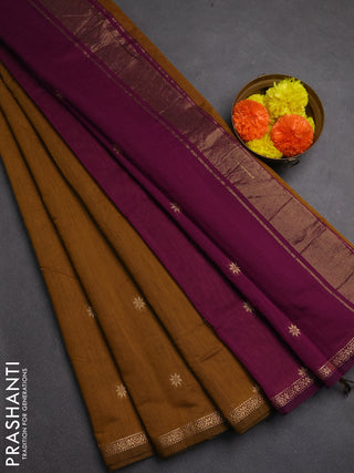 Semi maheswai cotton saree dark mustard and purple with allover zari woven buttas and small zari woven border