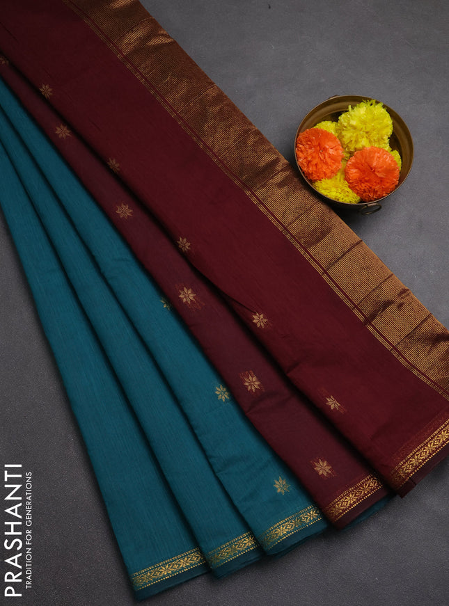 Semi maheswai cotton saree peacock green and maroon with allover zari woven buttas and small zari woven border