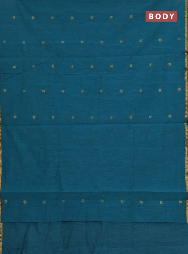 Semi maheswai cotton saree peacock green and maroon with allover zari woven buttas and small zari woven border