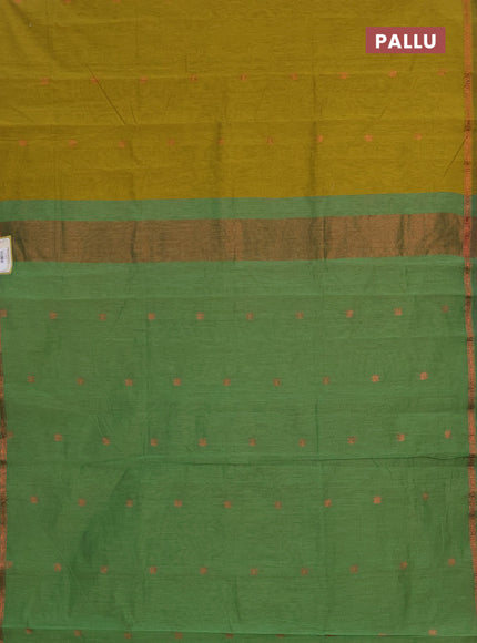 Semi maheswai cotton saree dark mustard and green with allover zari woven buttas and small zari woven border