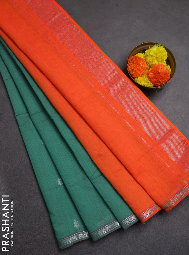 Semi maheswai cotton saree teal green and orange with allover zari woven buttas and small zari woven border