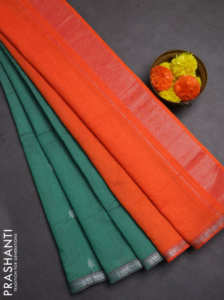 Semi maheswai cotton saree teal green and orange with allover zari woven buttas and small zari woven border