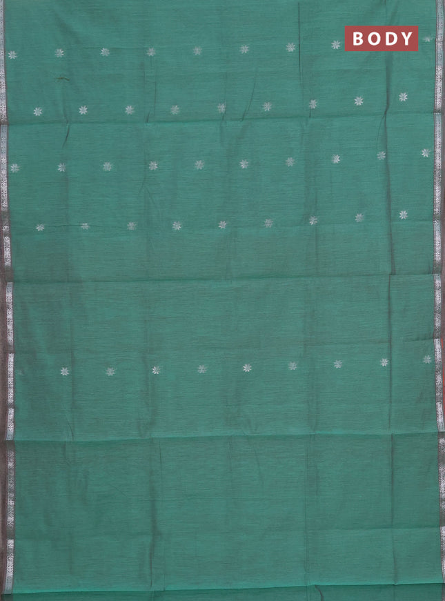 Semi maheswai cotton saree teal green and orange with allover zari woven buttas and small zari woven border
