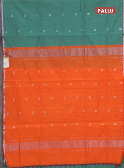 Semi maheswai cotton saree teal green and orange with allover zari woven buttas and small zari woven border