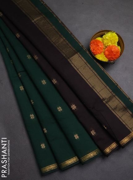Semi maheswai cotton saree bottle green and coffee brown with allover zari woven buttas and small zari woven border