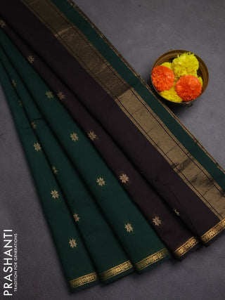 Semi maheswai cotton saree bottle green and coffee brown with allover zari woven buttas and small zari woven border