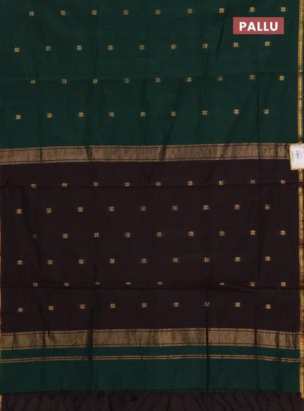 Semi maheswai cotton saree bottle green and coffee brown with allover zari woven buttas and small zari woven border