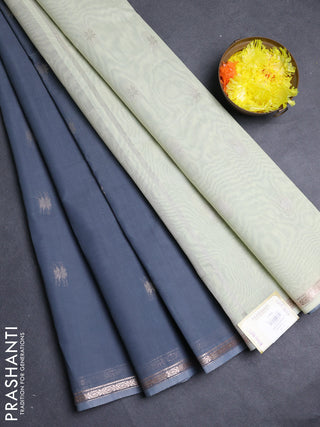 Semi maheswai cotton saree grey and mild pista green with allover zari woven buttas and small zari woven border