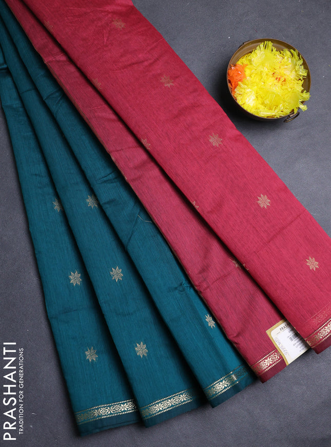 Semi maheswai cotton saree peacock green and maroon with allover zari woven buttas and small zari woven border