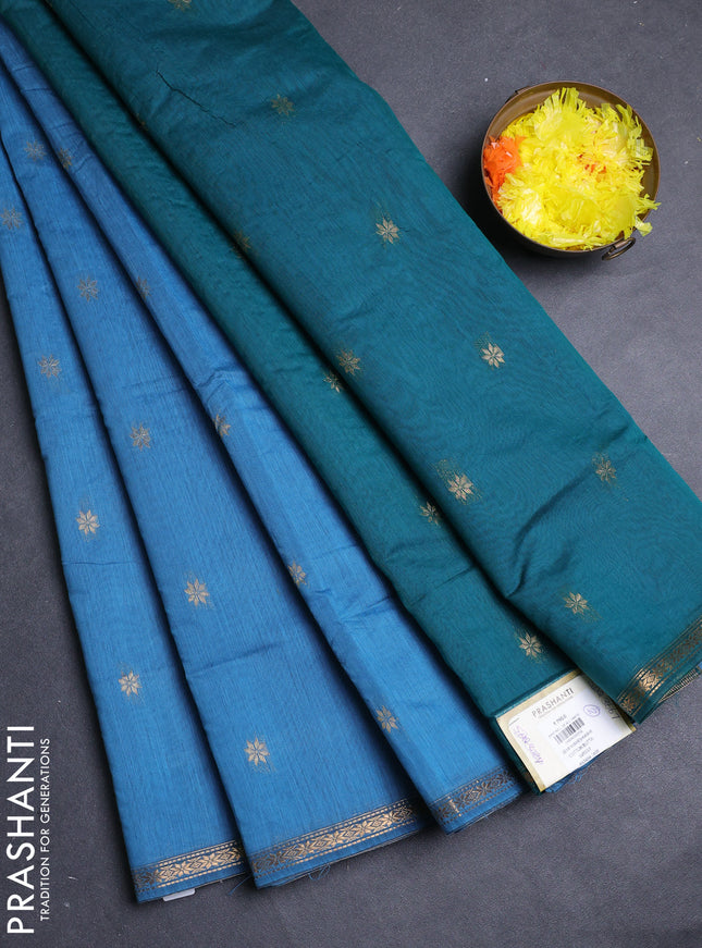 Semi maheswai cotton saree blue and peacock green with allover zari woven buttas and small zari woven border