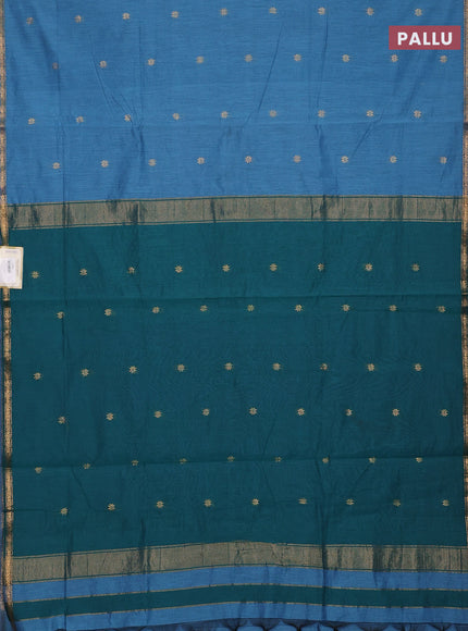 Semi maheswai cotton saree blue and peacock green with allover zari woven buttas and small zari woven border
