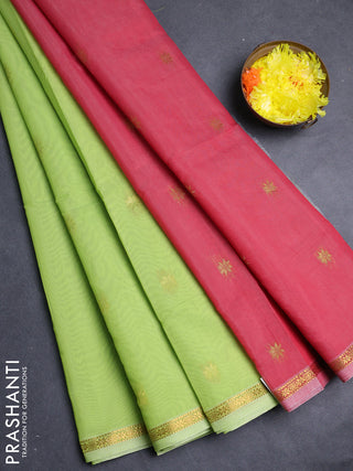 Semi maheswai cotton saree light green and red with allover zari woven buttas and small zari woven border
