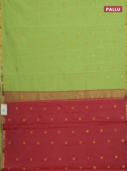 Semi maheswai cotton saree light green and red with allover zari woven buttas and small zari woven border