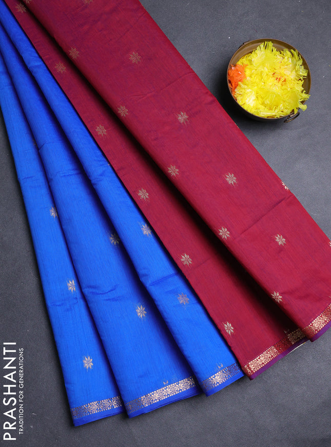 Semi maheswai cotton saree royal blue and maroon with allover zari woven buttas and small zari woven border