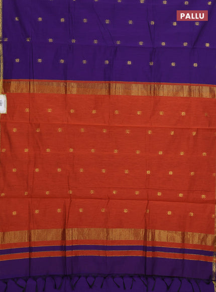 Semi maheswai cotton saree violet and orange with allover zari woven buttas and small zari woven border