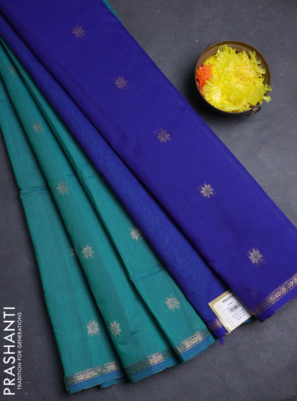 Semi maheswai cotton saree green and blue with allover zari woven buttas and small zari woven border