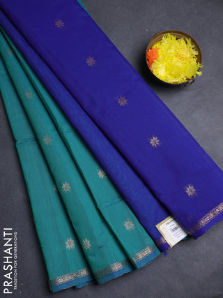 Semi maheswai cotton saree green and blue with allover zari woven buttas and small zari woven border