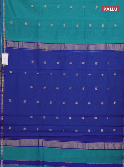 Semi maheswai cotton saree green and blue with allover zari woven buttas and small zari woven border