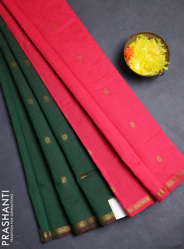 Semi maheswai cotton saree green and pink with allover zari woven buttas and small zari woven border