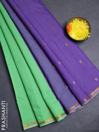 Semi maheswai cotton saree teal green and violet with allover zari woven buttas and small zari woven border