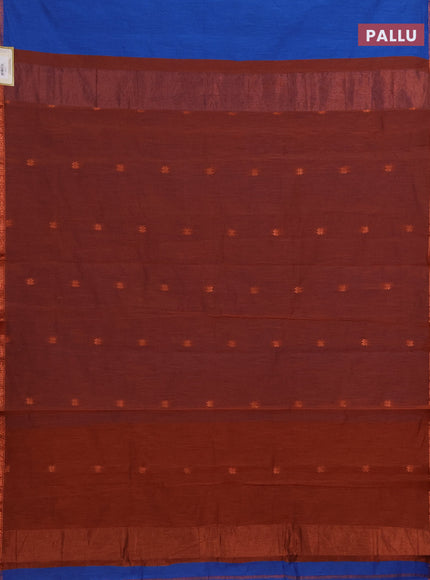 Semi maheswai cotton saree blue and rust shade with allover copper zari woven buttas and copper zari woven border