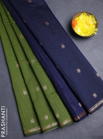Semi maheswai cotton saree mehendi green and navy blue with allover zari woven buttas and small zari woven border